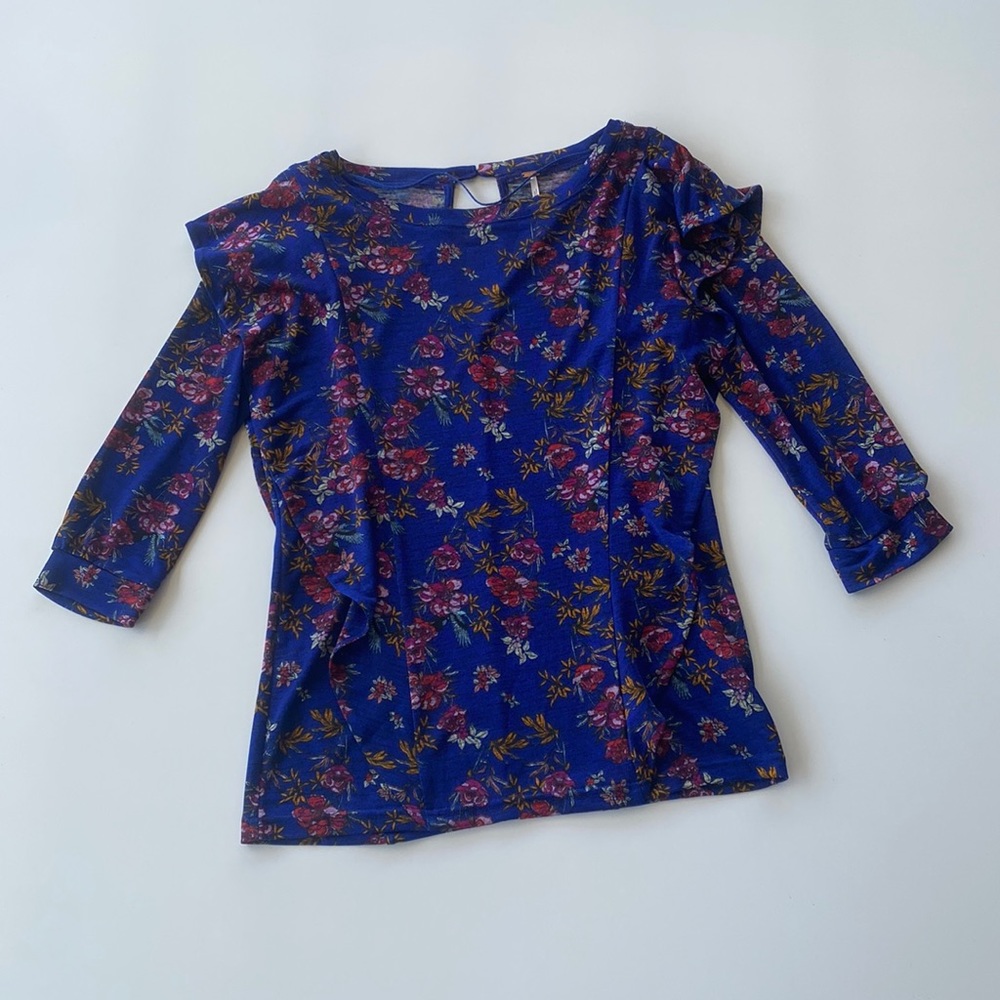 LUCKY BRAND Blue Floral Ruffle Blouse Top 3/4 Sleeve Size Medium